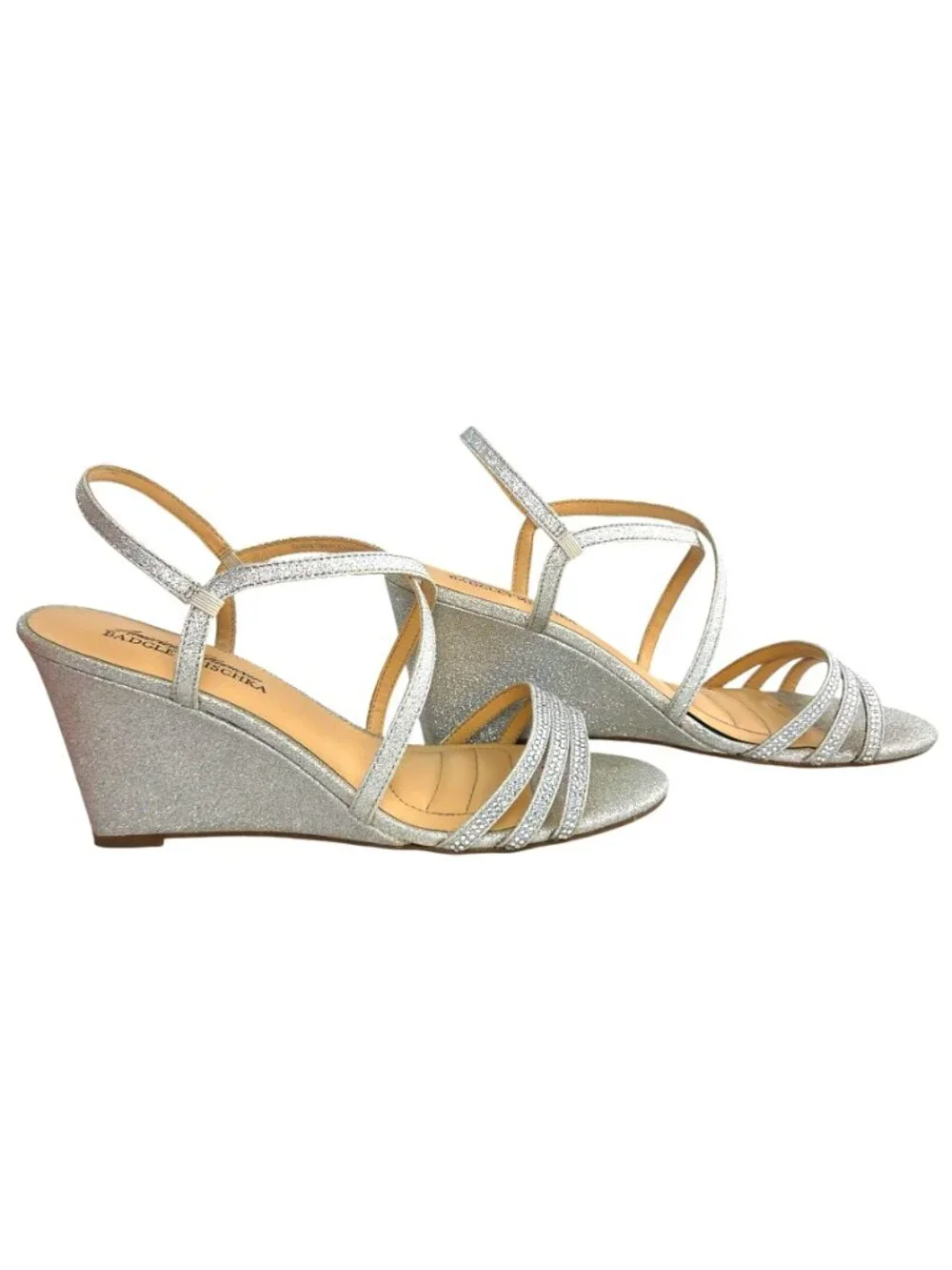 American Glamour by Badgley Mischka Silver Rhinestone Strappy Wedge Sandals 8